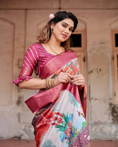 Maroon Tussar Silk Saree with Vibrant Geometric Tile Print and Zari Paisley Border