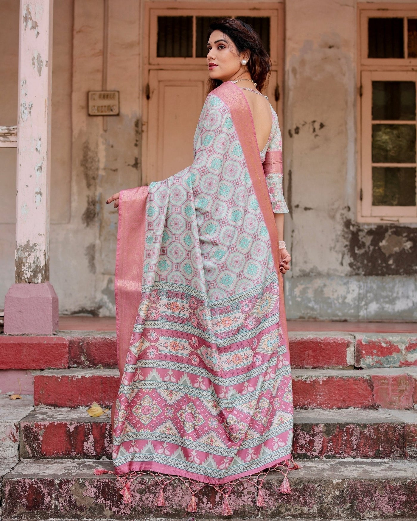 Pastel Pink and Mint Green Geometric Tussar Silk Saree with Zari Paisley Border