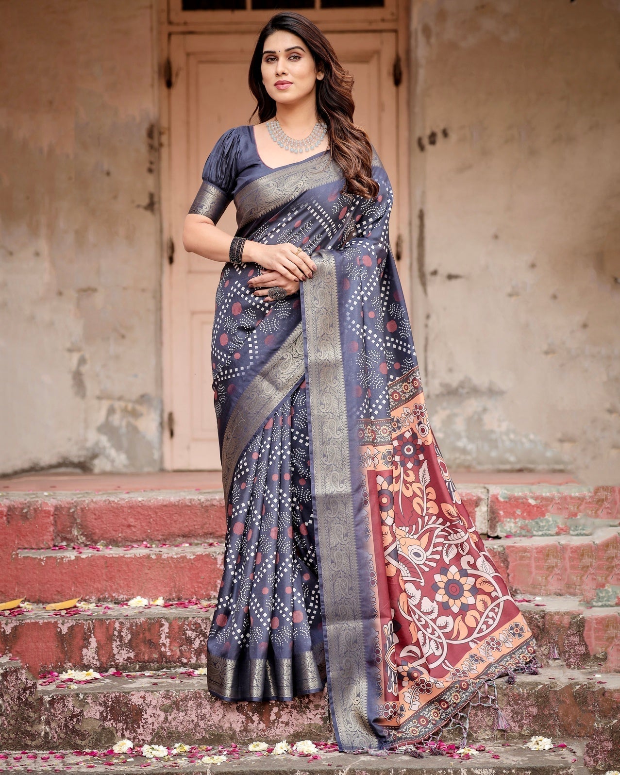 Navy Blue Tussar Silk Saree with Geometric Patterns, Zari Border, and Vibrant Pallu