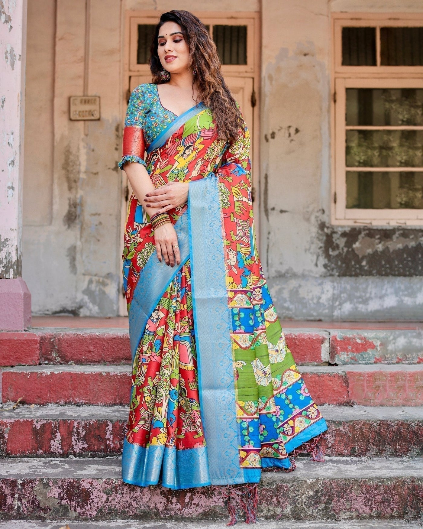 Multicolor Folk Art Inspired Digital Print Tussar Silk Saree with Sky Blue Zari Border