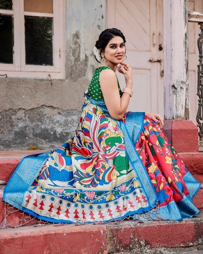 Beige and Red Tussar Silk Saree with Divine Motifs and Floral Zari Border