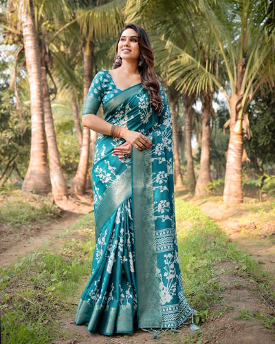 Teal Blue Tussar Silk Saree with White Floral Design, Gold Zari Border & Tassel Pallu