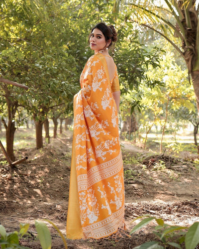 Sunshine Yellow Tussar Silk Saree with White Floral Motifs, Lustrous Zari Border, and Graceful Tassel Pallu