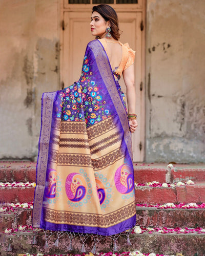 Royal Purple Tussar Silk Saree with Vibrant Floral Print and Peacock Motif Pallu