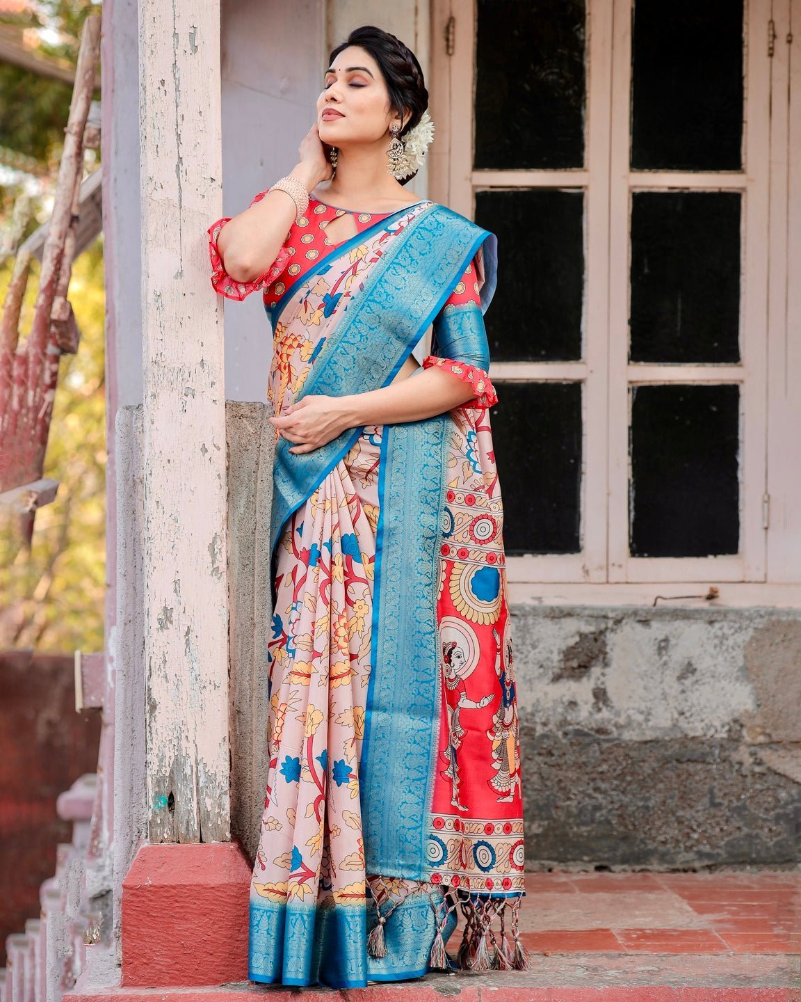 Beige and Red Tussar Silk Saree with Divine Motifs and Floral Zari Border