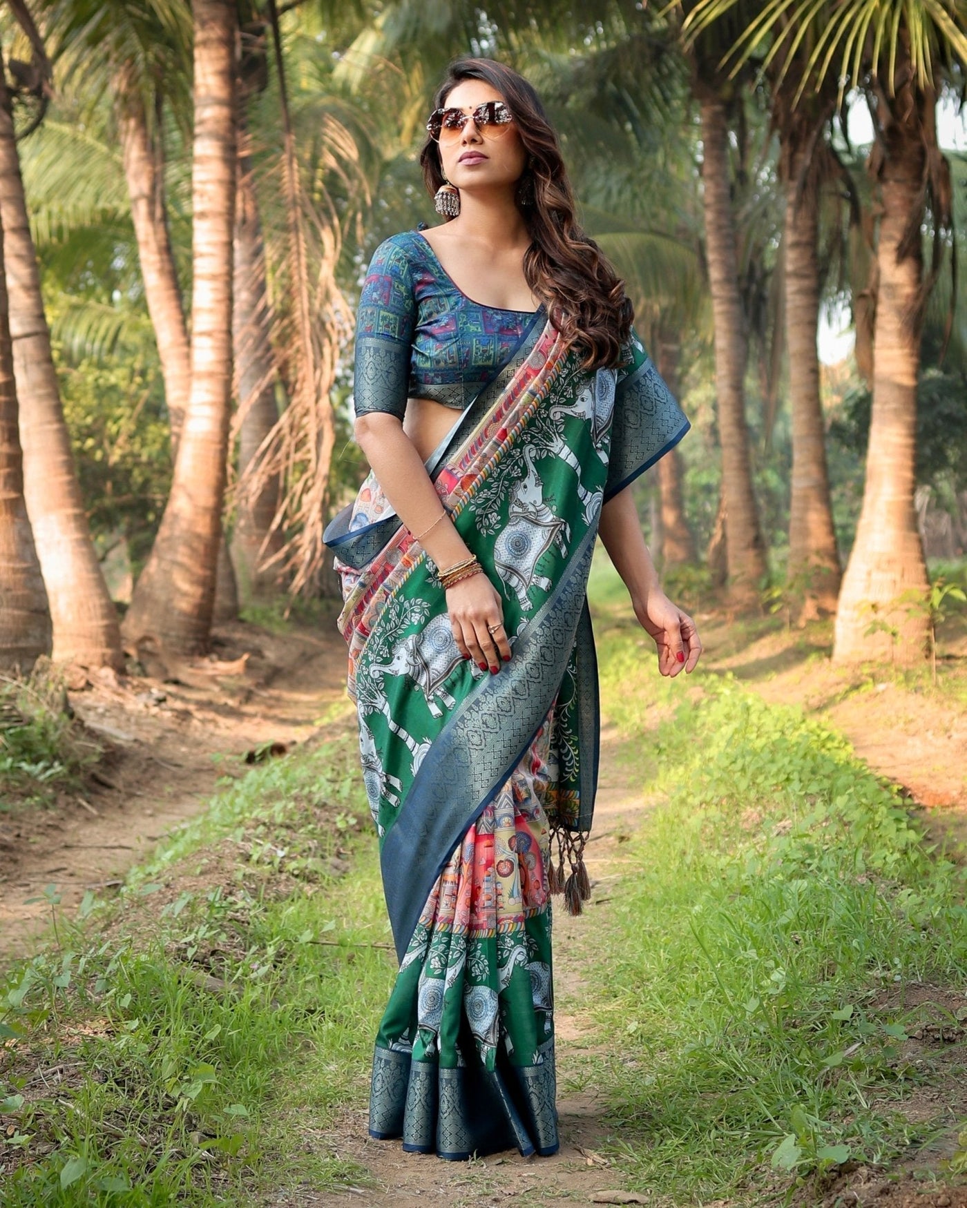 Multicolored Digital Print Tussar Silk Saree with Intricate Zari Border and Elephant Motif Pallu
