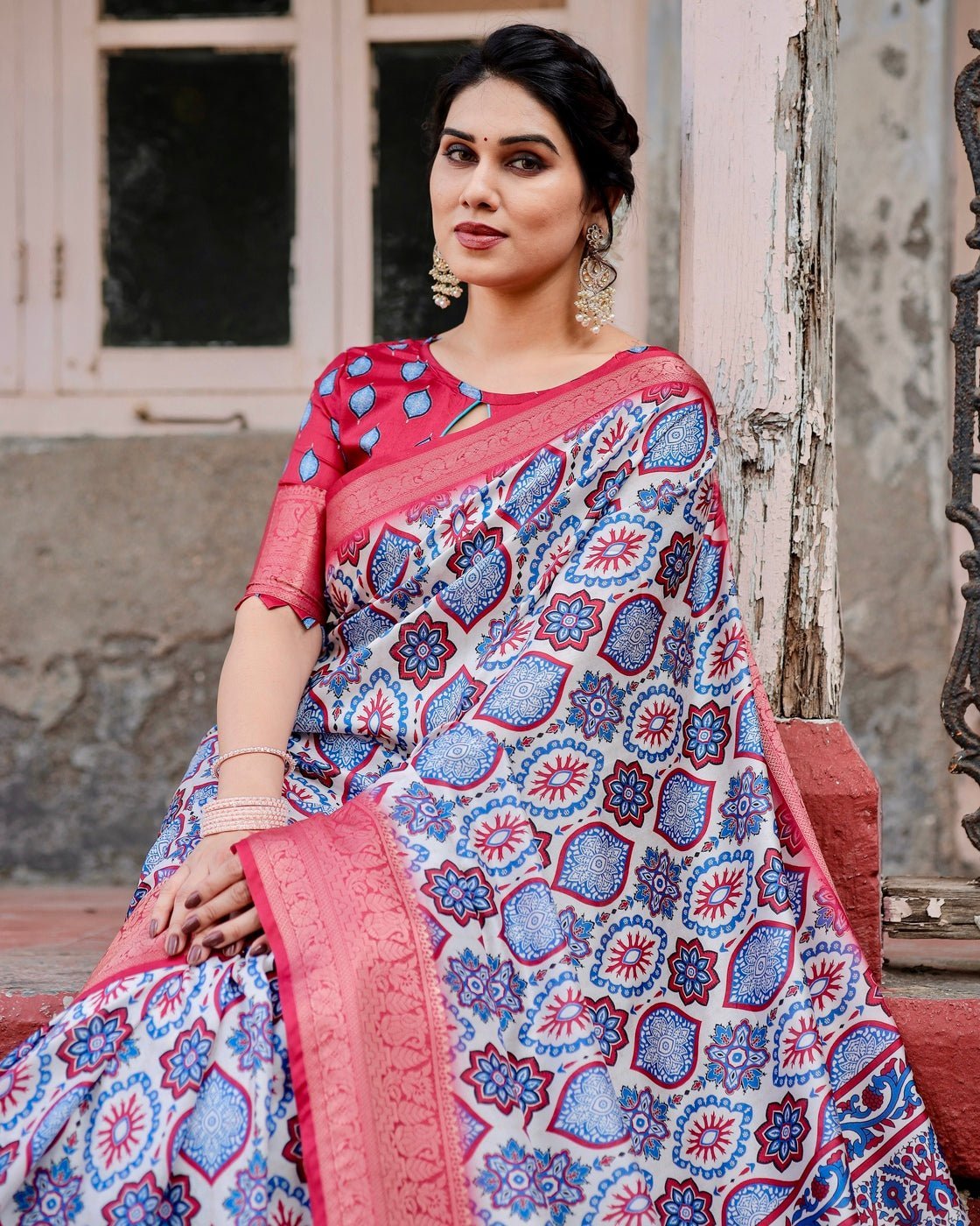 White and Red Tussar Silk Saree with Vibrant Floral Geometric Motifs and Ornamental Zari Border