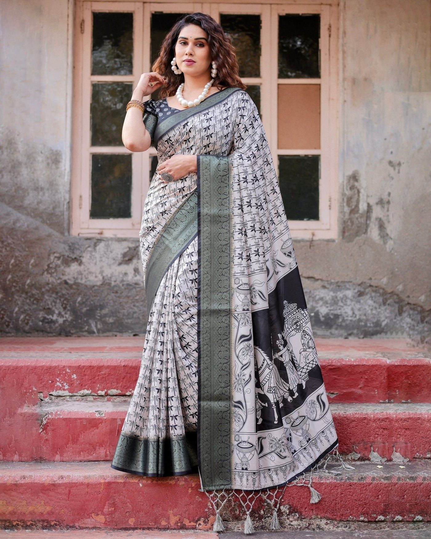 Monochrome White and Black Tussar Silk Saree with Tribal Art Motifs and Zari Border