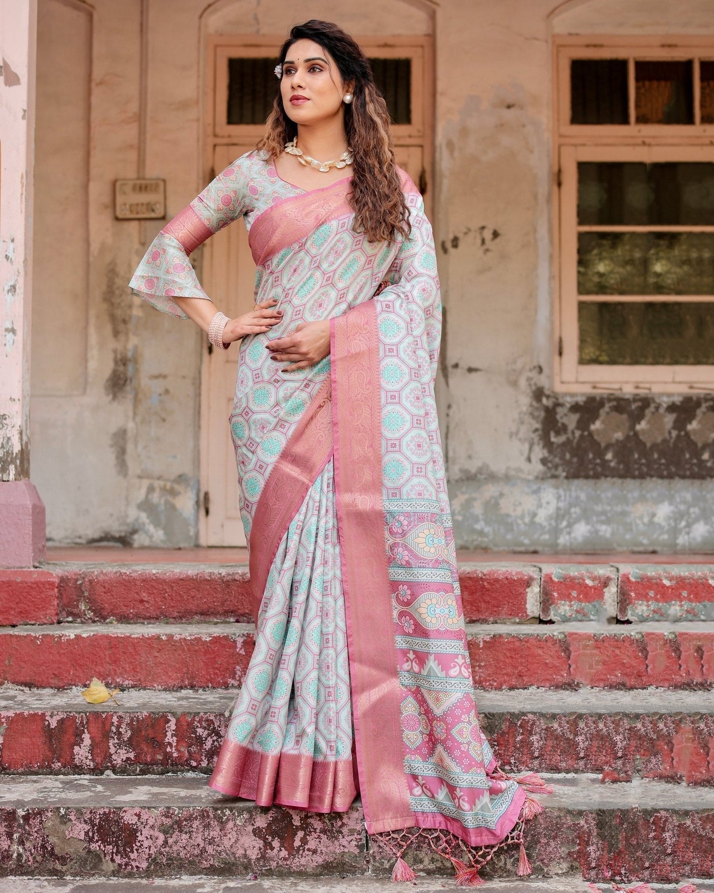 Pastel Pink and Mint Green Geometric Tussar Silk Saree with Zari Paisley Border