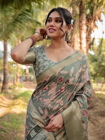 Graceful Olive Green Tussar Silk Saree with Intricate Beige and Maroon Botanical Print and Zari Border