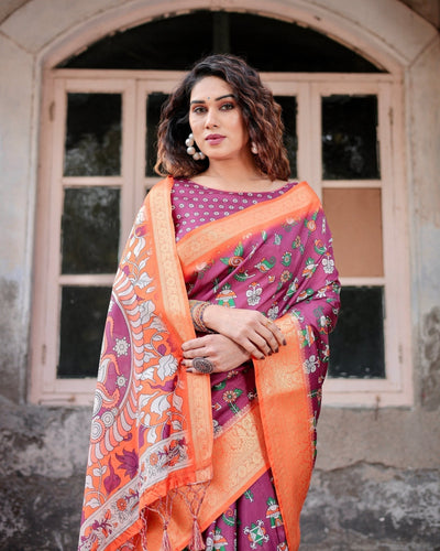 Wine Purple and Orange Tussar Silk Saree with Floral Motifs and Artistic Pallu
