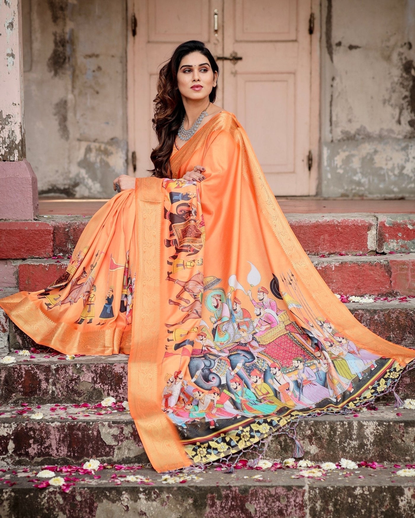 Sunset Orange Tussar Silk Saree with Royal Procession Pallu and Zari Border