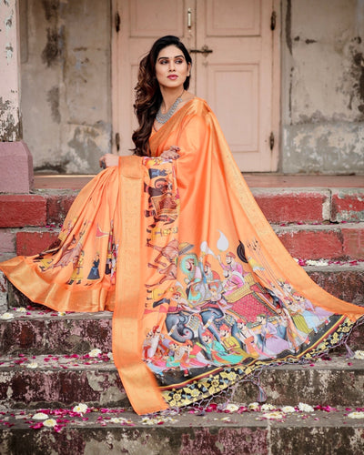 Sunset Orange Tussar Silk Saree with Royal Procession Pallu and Zari Border