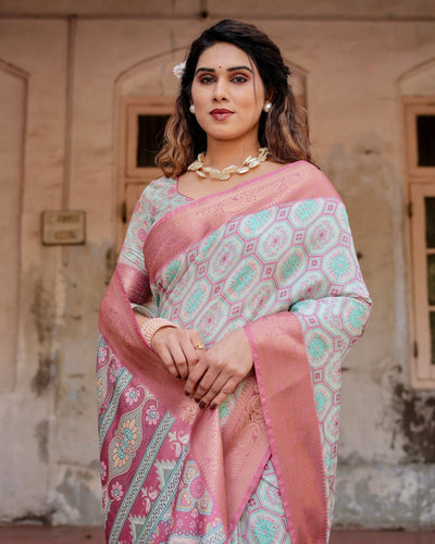 Pastel Pink and Mint Green Geometric Tussar Silk Saree with Zari Paisley Border