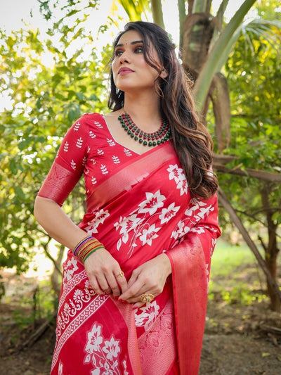 Graceful Red Tussar Silk Saree with White Floral Design and Zari Border