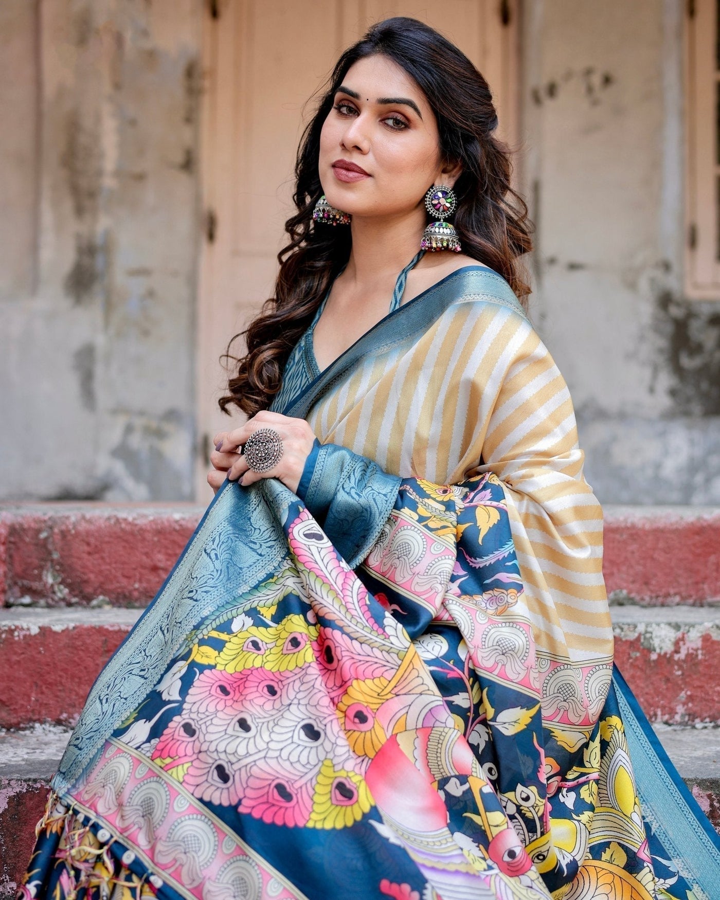 Beige & Teal Tussar Silk Saree with Intricate Kalamkari and Zari Border