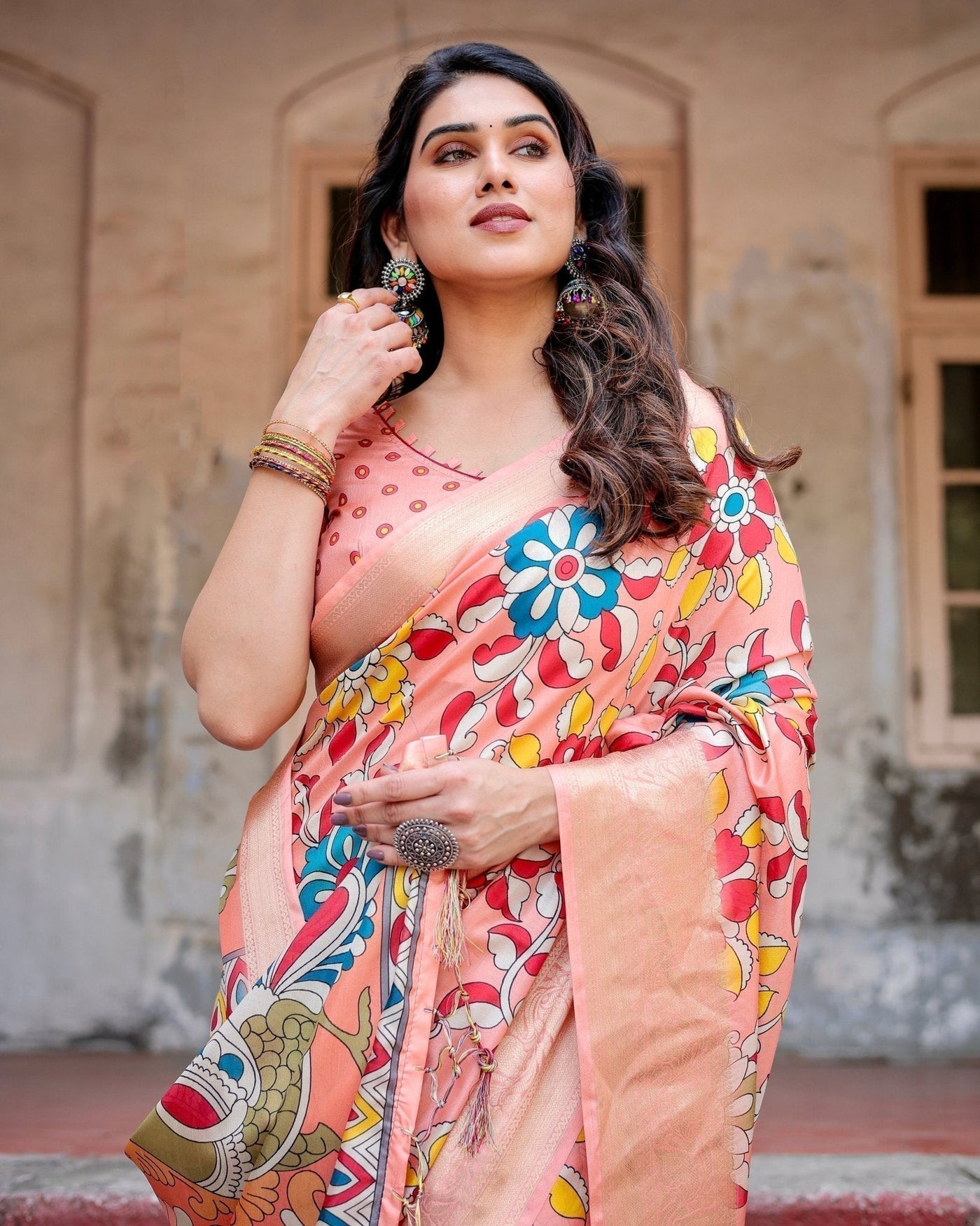 Peach Tussar Silk Saree with Vibrant Floral Kalamkari and Zari Highlights