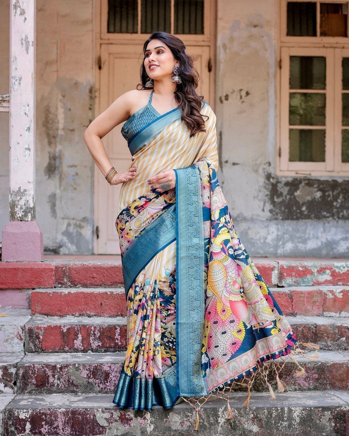 Beige & Teal Tussar Silk Saree with Intricate Kalamkari and Zari Border