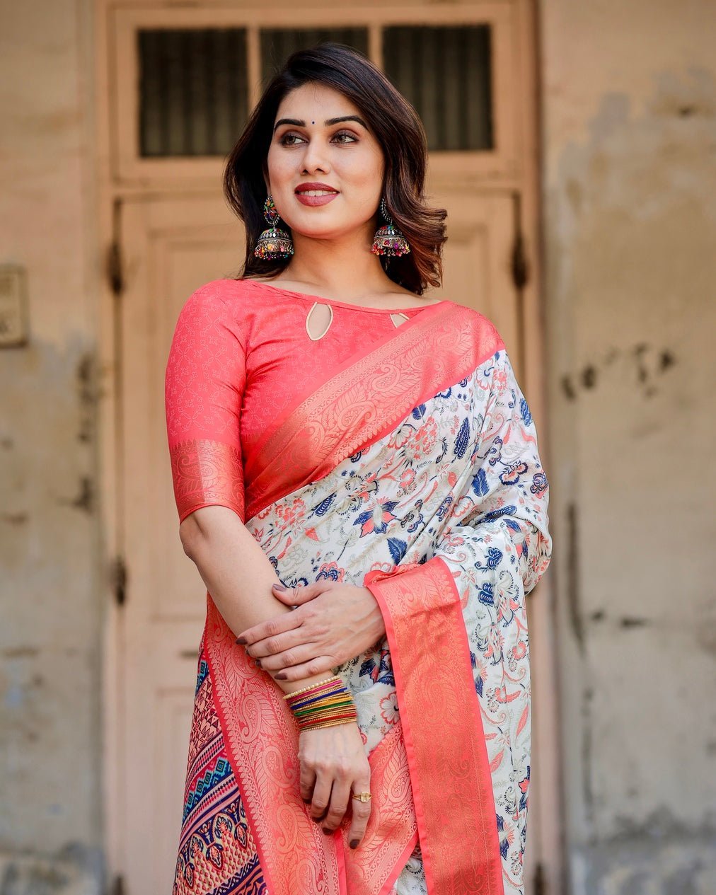 Ivory Tussar Silk Saree with Coral Zari Border and Intricate Floral Motifs