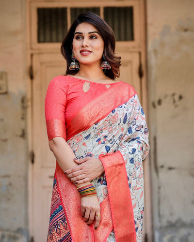 Ivory Tussar Silk Saree with Coral Zari Border and Intricate Floral Motifs