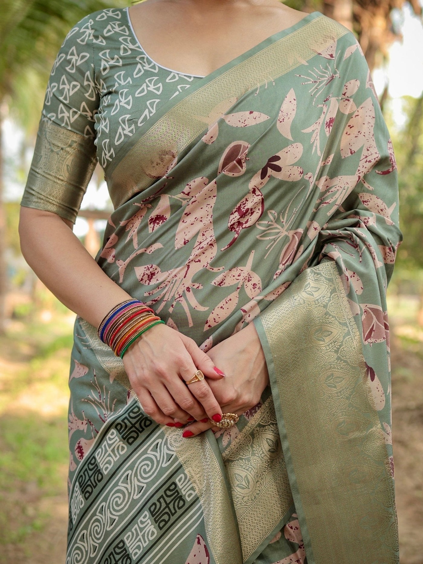 Graceful Olive Green Tussar Silk Saree with Intricate Beige and Maroon Botanical Print and Zari Border