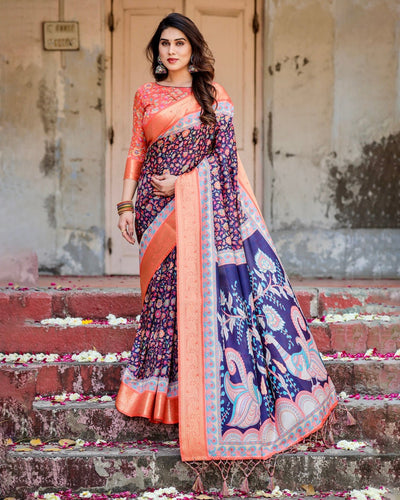 Navy Blue and Peach Tussar Silk Saree with Peacock Motifs and Floral Zari Border