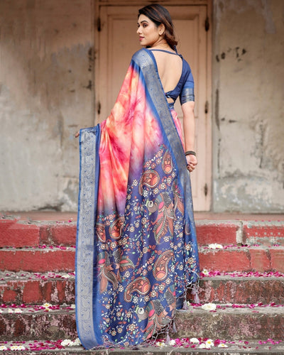 Pink and Blue Digital Printed Saree with Peacock Motif and Tassel Detail