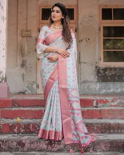 Pastel Pink and Mint Green Geometric Tussar Silk Saree with Zari Paisley Border