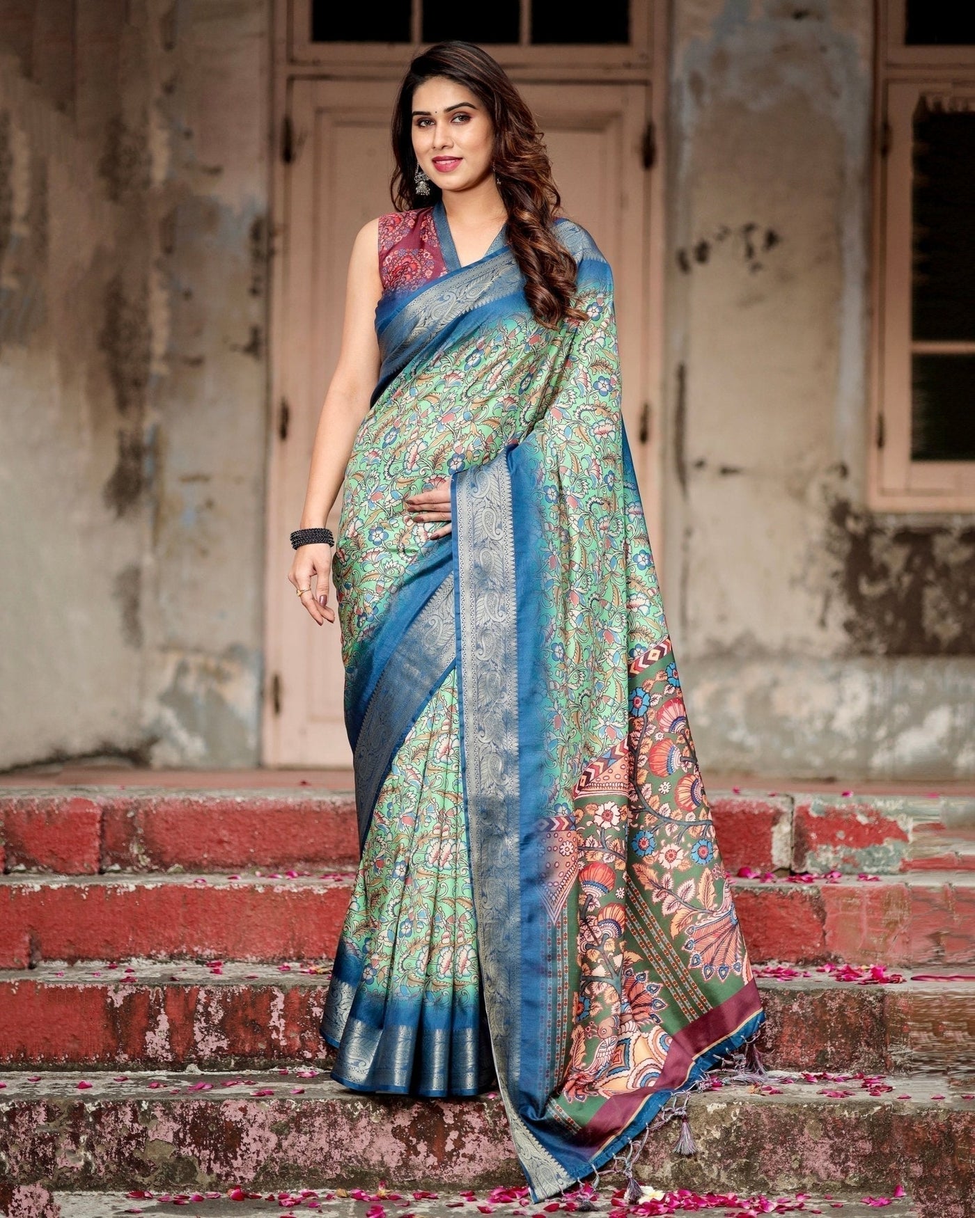 Majestic Blue and Green Digital Print Saree with Intricate Floral Motifs and Contrasting Pallu