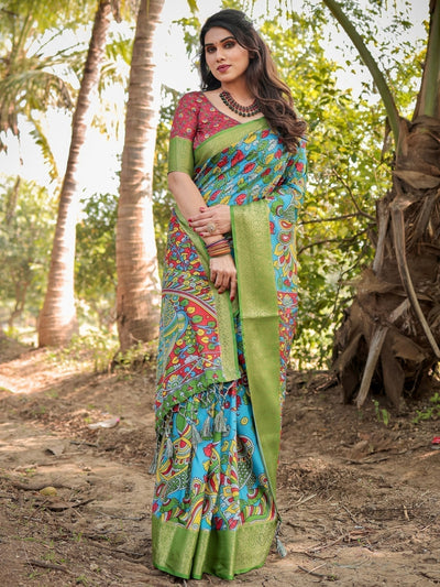 Vibrant Peacock Motif Blue and Green Tussar Silk Saree with Zari Border