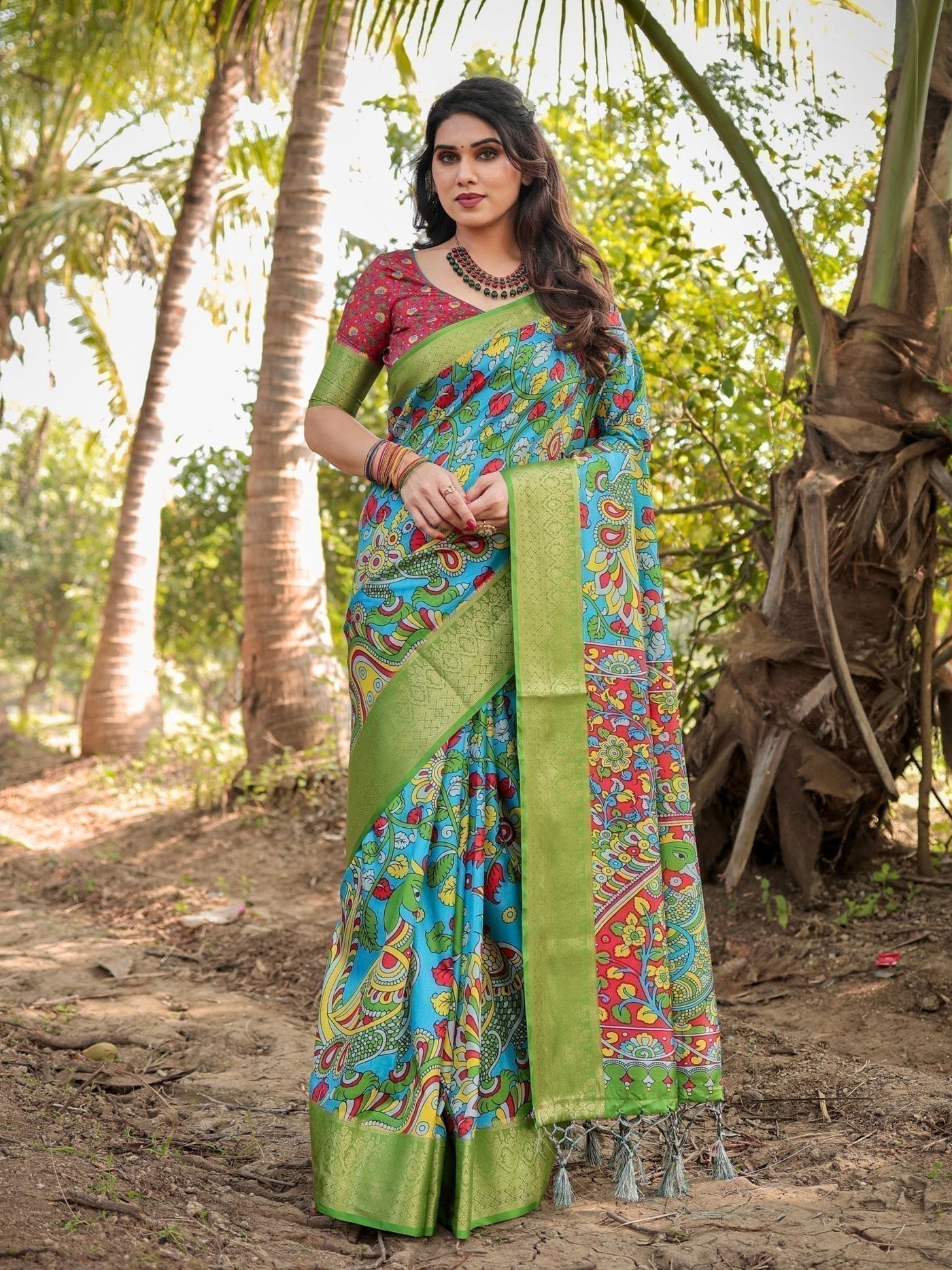 Vibrant Peacock Motif Blue and Green Tussar Silk Saree with Zari Border