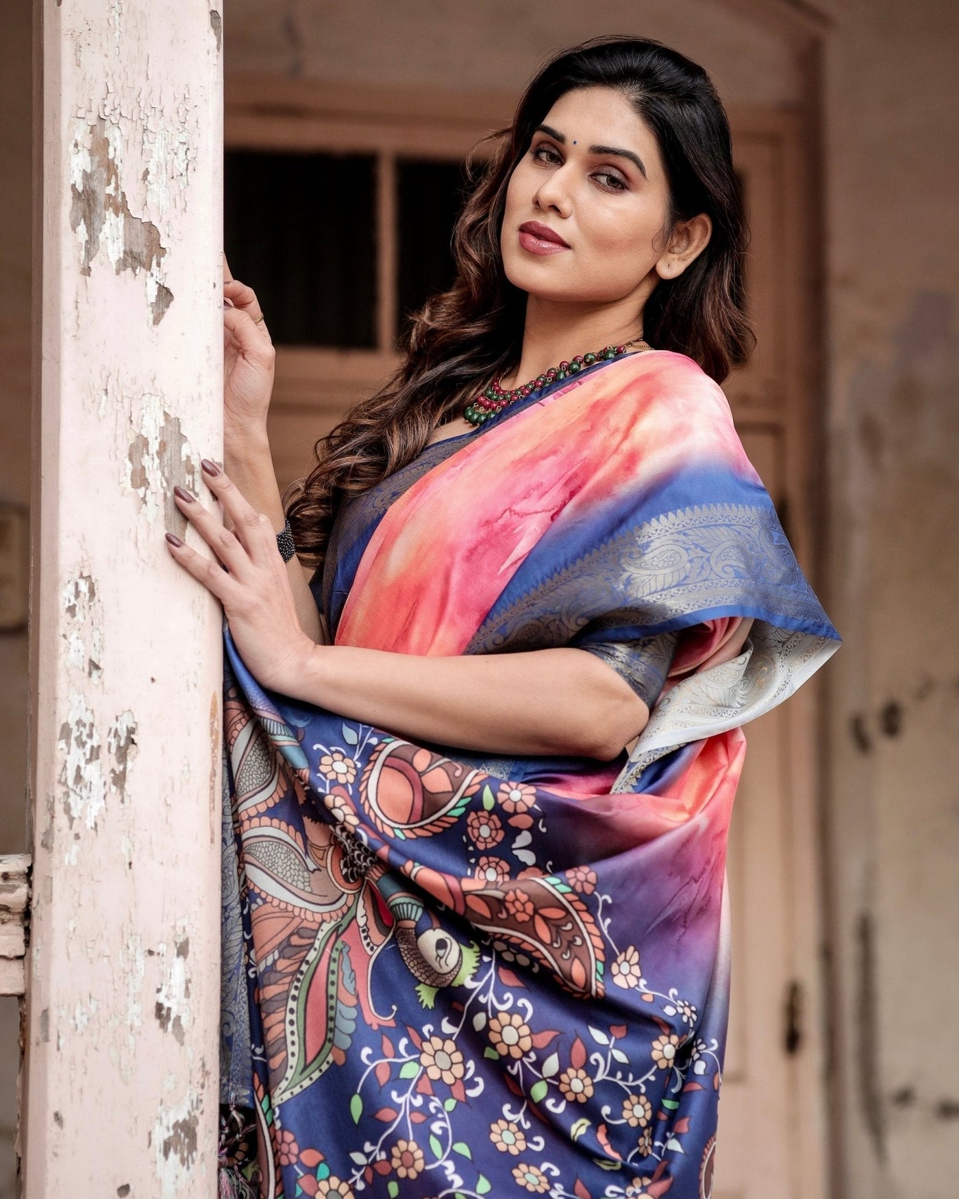Pink and Blue Digital Printed Saree with Peacock Motif and Tassel Detail