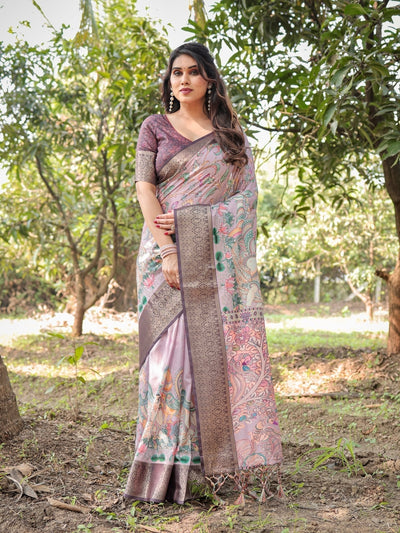 Lilac and Purple Digital Print Tussar Silk Saree with Zari Diamond Border and Lotus Motif Pallu