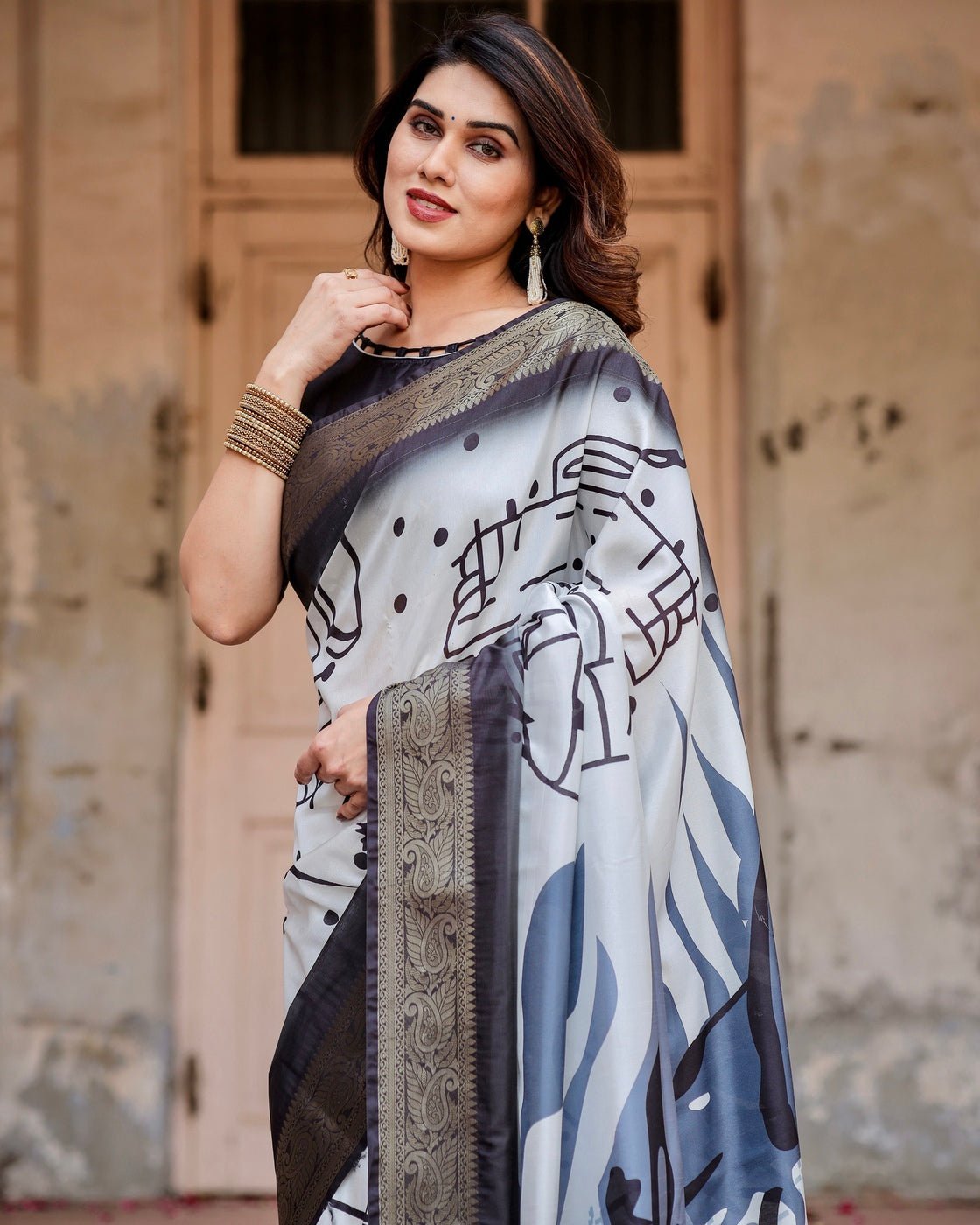 Monochrome Abstract Tussar Silk Saree with Charcoal Gray Zari Border