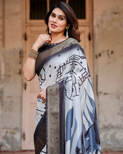 Monochrome Abstract Tussar Silk Saree with Charcoal Gray Zari Border