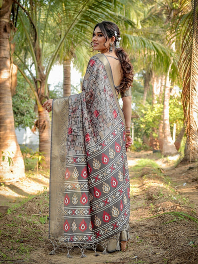 Stunning Grey Tussar Silk Saree with Golden Zari Border and Mosaic-Inspired Pallu Design