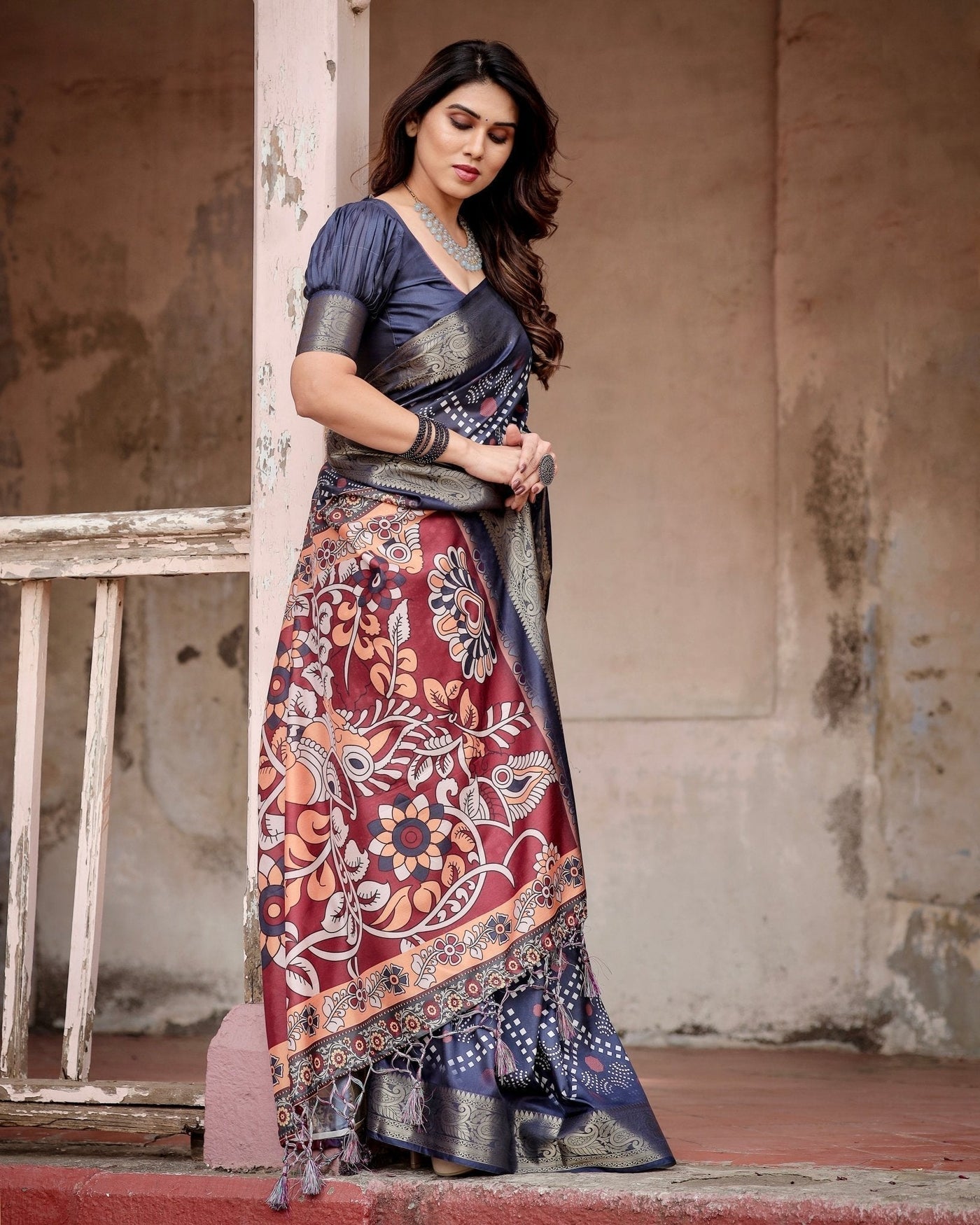 Navy Blue Tussar Silk Saree with Geometric Patterns, Zari Border, and Vibrant Pallu