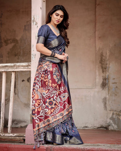 Navy Blue Tussar Silk Saree with Geometric Patterns, Zari Border, and Vibrant Pallu