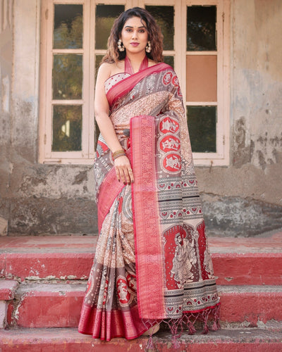 Beige and Red Tussar Silk Saree with Traditional Motifs and Ornamental Zari Border