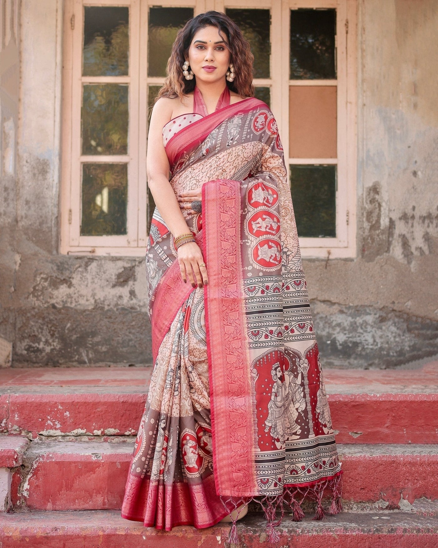 Beige and Red Tussar Silk Saree with Traditional Motifs and Ornamental Zari Border