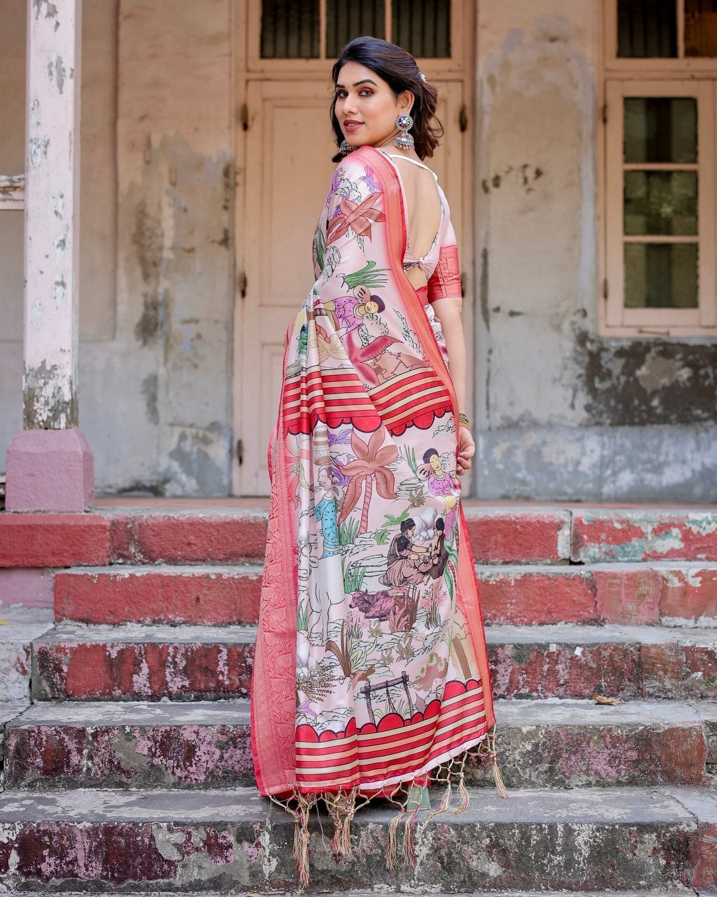 Blush Pink Digital Print Tussar Silk Saree with Vibrant Storyline Art