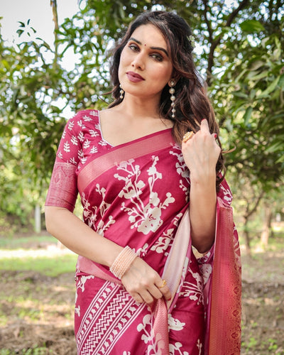 Maroon Tussar Silk Saree with White Floral Motifs, Intricate Zari Border, and Elegant Tassel Pallu