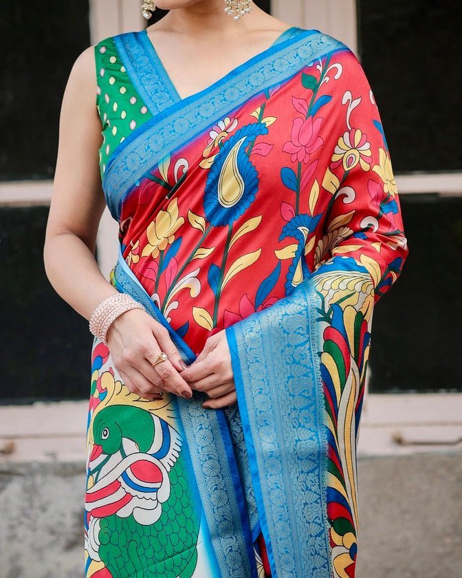 Multicolor Tussar Silk Saree with Vibrant Peacock and Floral Motifs