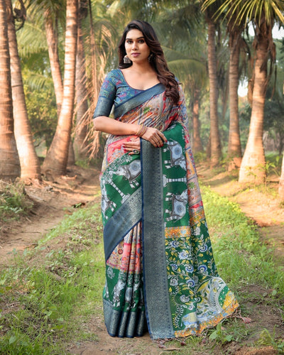 Multicolored Digital Print Tussar Silk Saree with Intricate Zari Border and Elephant Motif Pallu