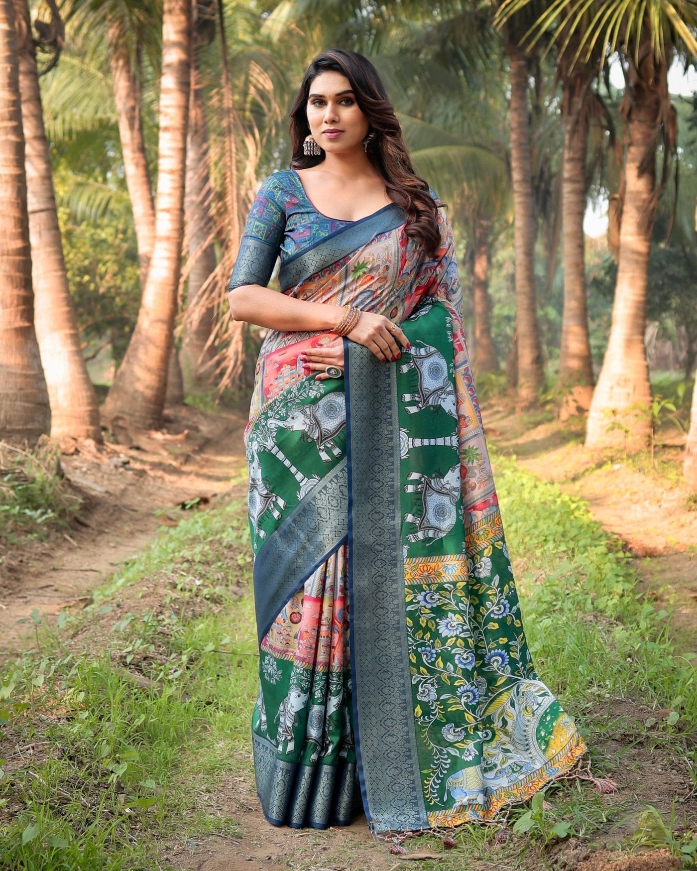 Multicolored Digital Print Tussar Silk Saree with Intricate Zari Border and Elephant Motif Pallu