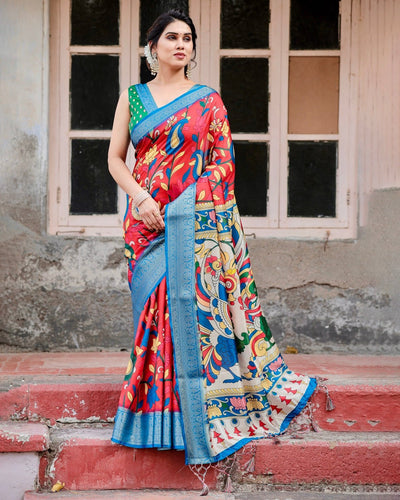 Multicolor Tussar Silk Saree with Vibrant Peacock and Floral Motifs