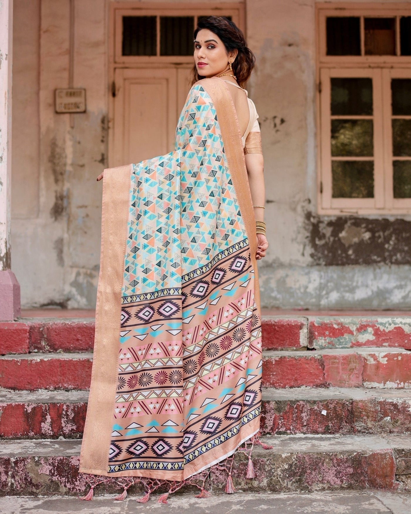 Contemporary Beige Tussar Silk Saree with Geometric Triangle Print and Golden Zari Border