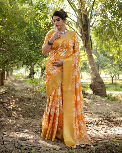 Sunshine Yellow Tussar Silk Saree with White Floral Motifs, Lustrous Zari Border, and Graceful Tassel Pallu