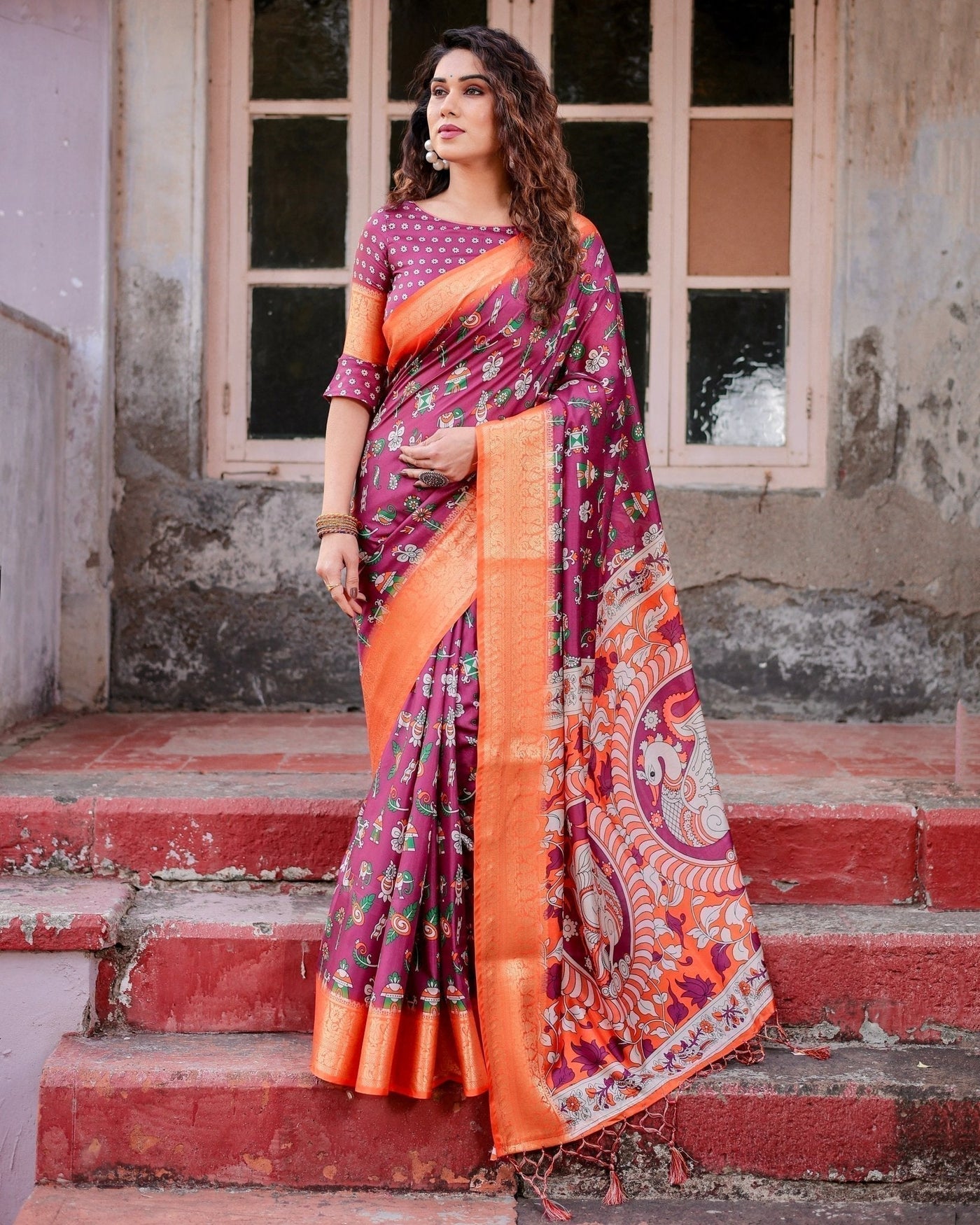 Wine Purple and Orange Tussar Silk Saree with Floral Motifs and Artistic Pallu