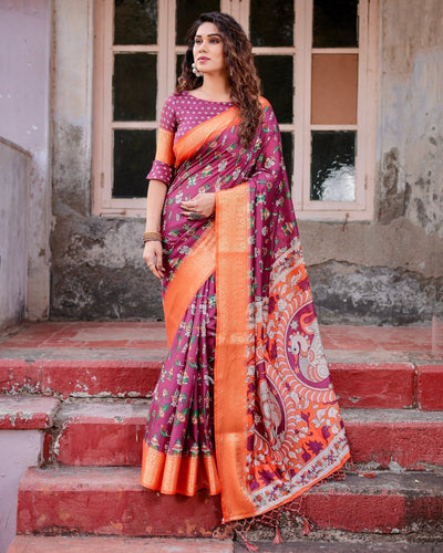 Wine Purple and Orange Tussar Silk Saree with Floral Motifs and Artistic Pallu